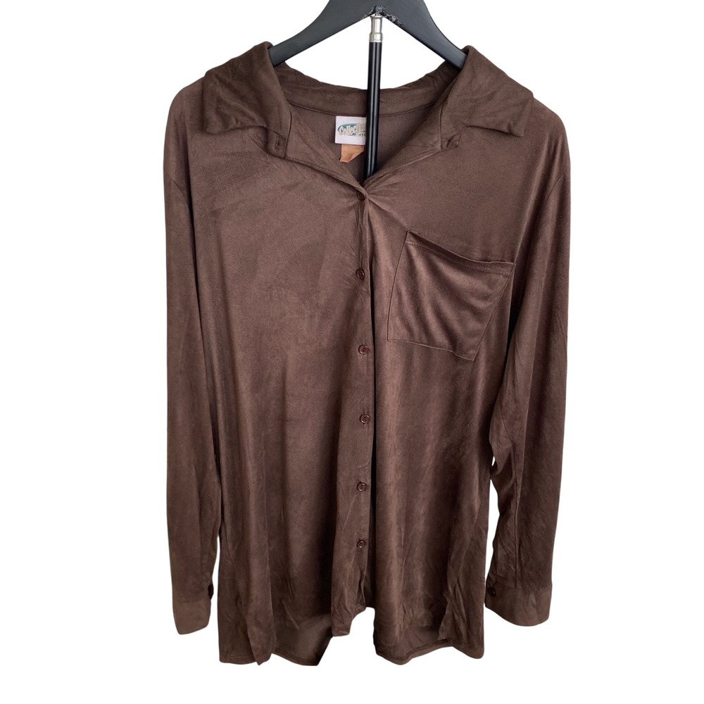 Collections Etc Brown Faux Suede Button Down Shirt Womens Large Long Sleeve Top